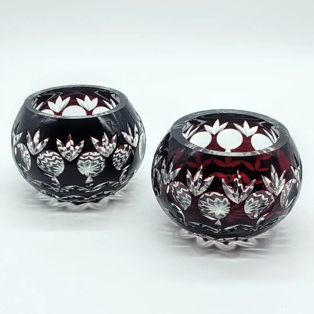 Vintage Godinger Ruby Red Cut to Clear Crystal Candle Holders (2)